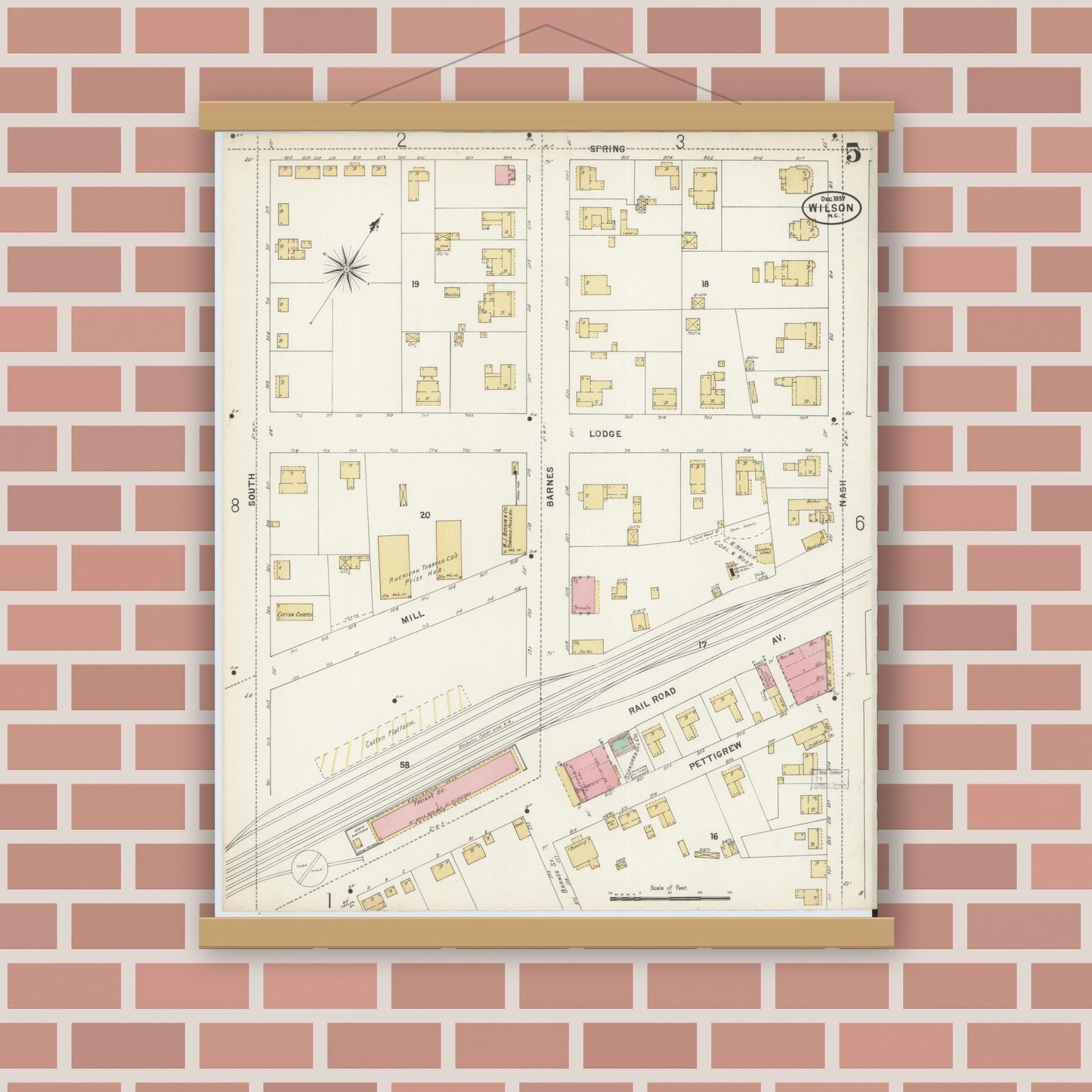 Old map wall art mockup — magnetic wood frame on brick wall — Sanborn Fire Insurance Map from Wilson, Wilson County, North Carolina (1897), Sheet #0005