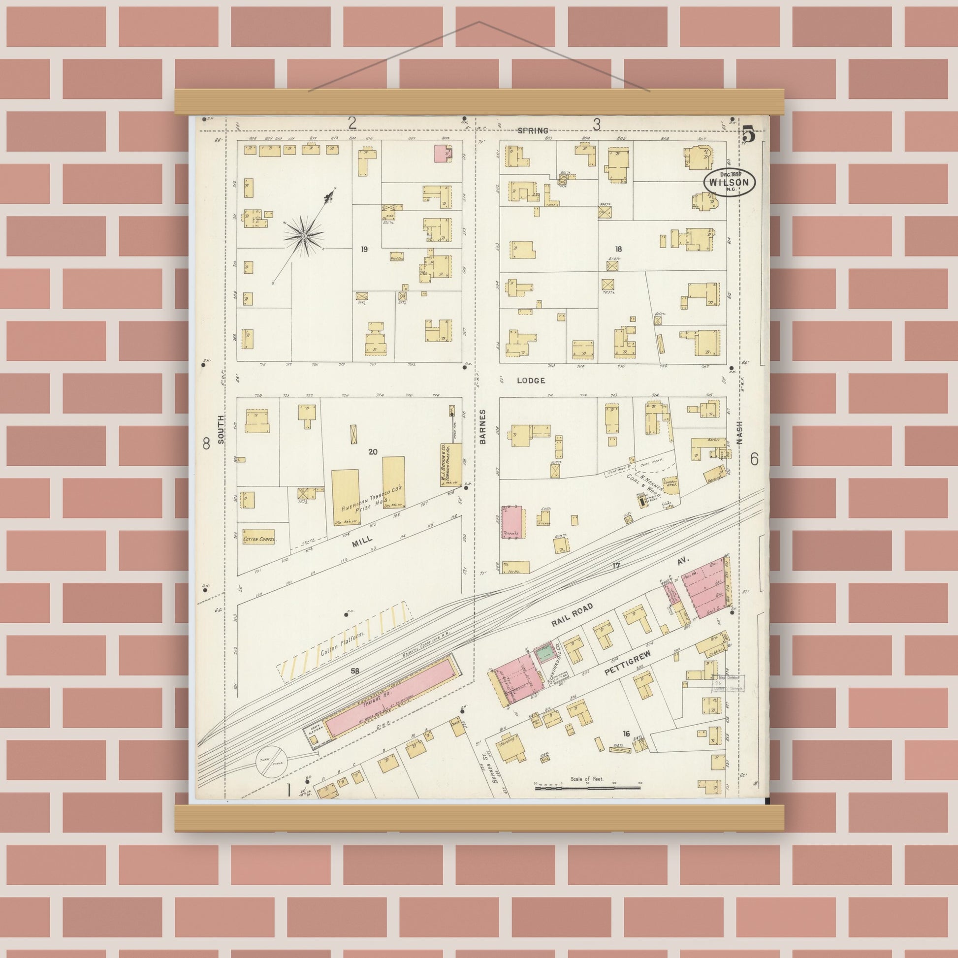 Old map wall art mockup — magnetic wood frame on brick wall — Sanborn Fire Insurance Map from Wilson, Wilson County, North Carolina (1897), Sheet #0005