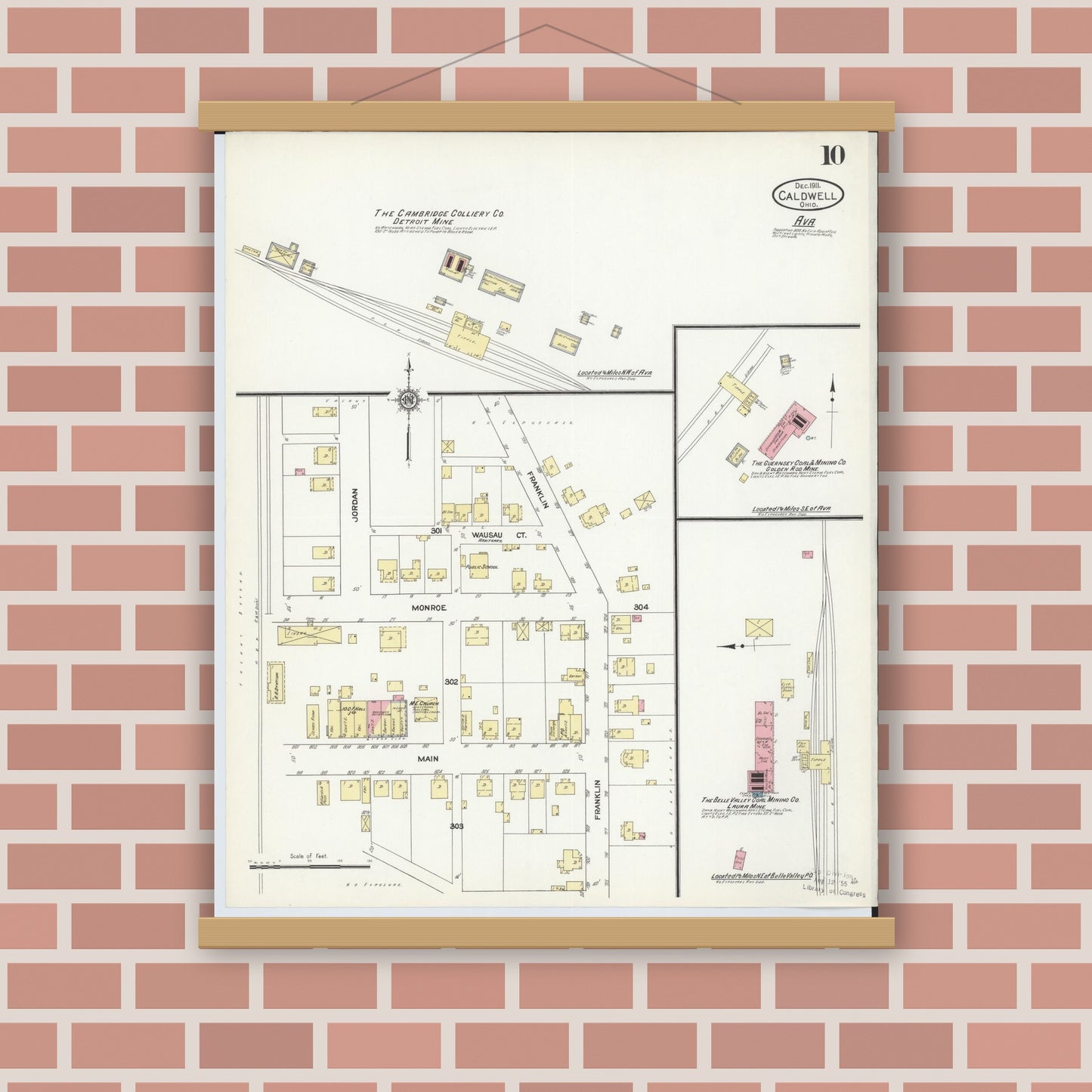 Old map wall art mockup — magnetic wood frame on brick wall — Sanborn Fire Insurance Map from Caldwell, Noble County, Ohio (1911), Sheet #0010