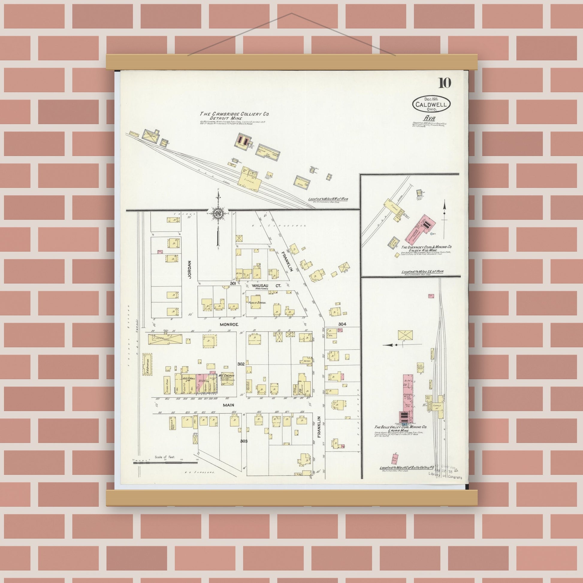 Old map wall art mockup — magnetic wood frame on brick wall — Sanborn Fire Insurance Map from Caldwell, Noble County, Ohio (1911), Sheet #0010