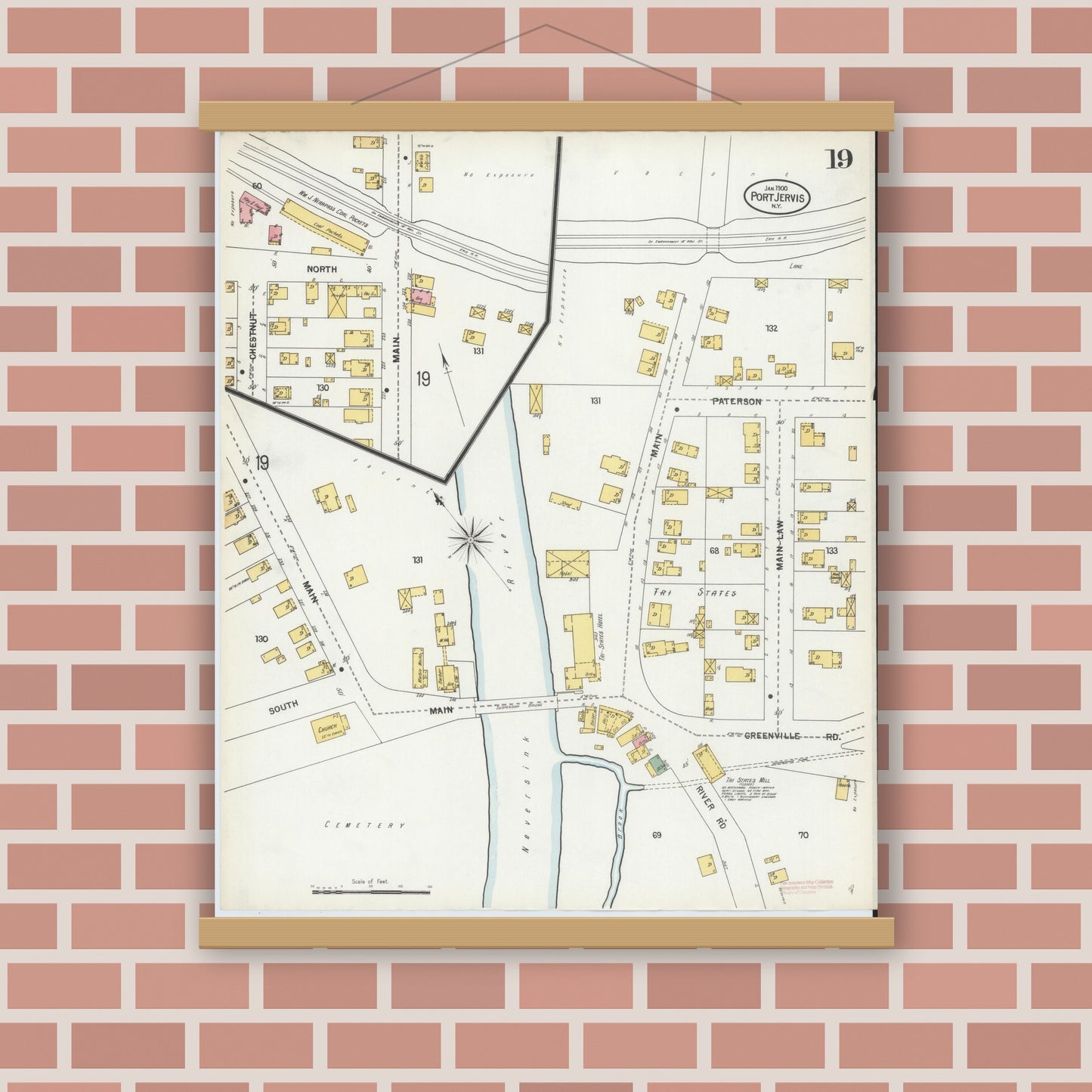 Old map wall art mockup — magnetic wood frame on brick wall — Sanborn Fire Insurance Map from Port Jervis, Orange County, New York (1900), Sheet #0019