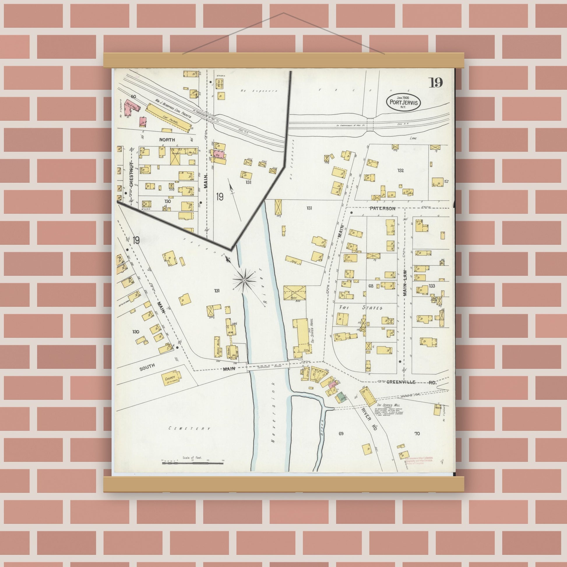 Old map wall art mockup — magnetic wood frame on brick wall — Sanborn Fire Insurance Map from Port Jervis, Orange County, New York (1900), Sheet #0019