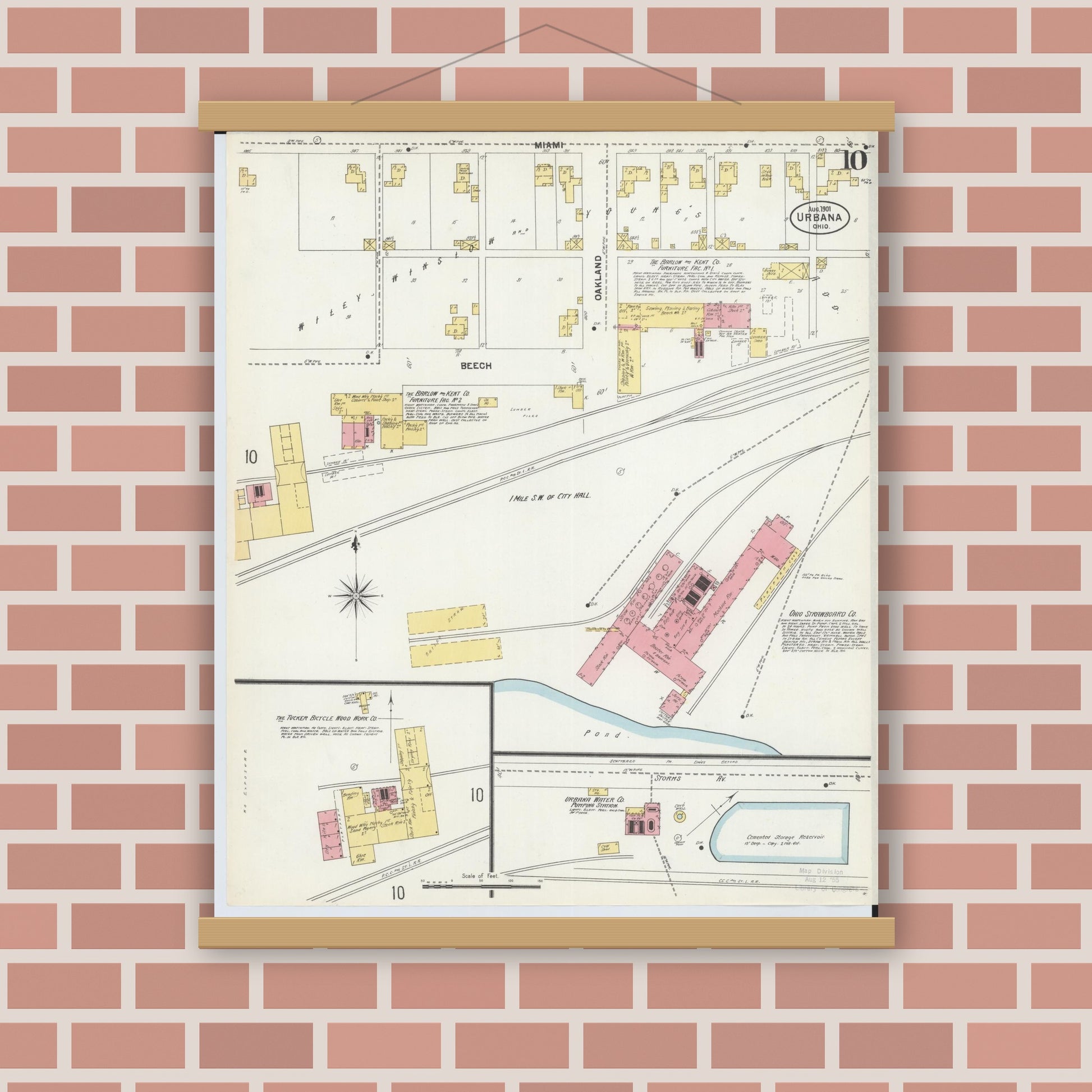 Old map wall art mockup — magnetic wood frame on brick wall — Sanborn Fire Insurance Map from Urbana, Champaign County, Ohio (1901), Sheet #0010