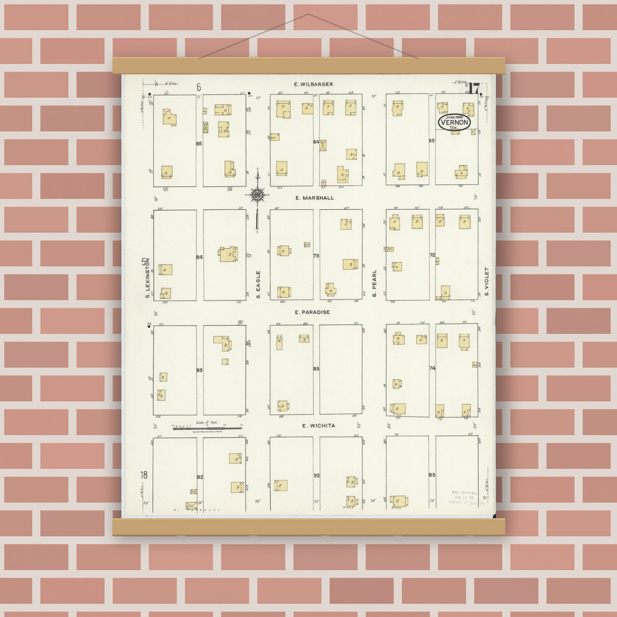 Old map wall art mockup — magnetic wood frame on brick wall — Sanborn Fire Insurance Map from Vernon, Wilbarger County, Texas (1920), Sheet #0017