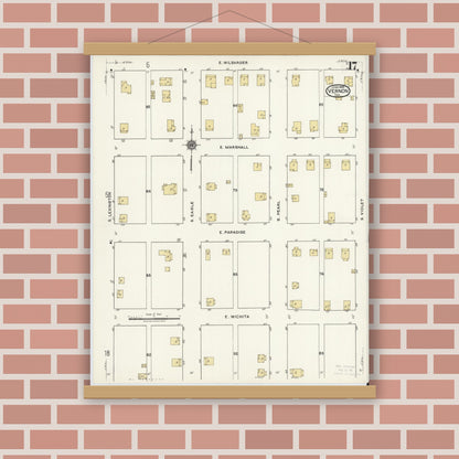 Old map wall art mockup — magnetic wood frame on brick wall — Sanborn Fire Insurance Map from Vernon, Wilbarger County, Texas (1920), Sheet #0017