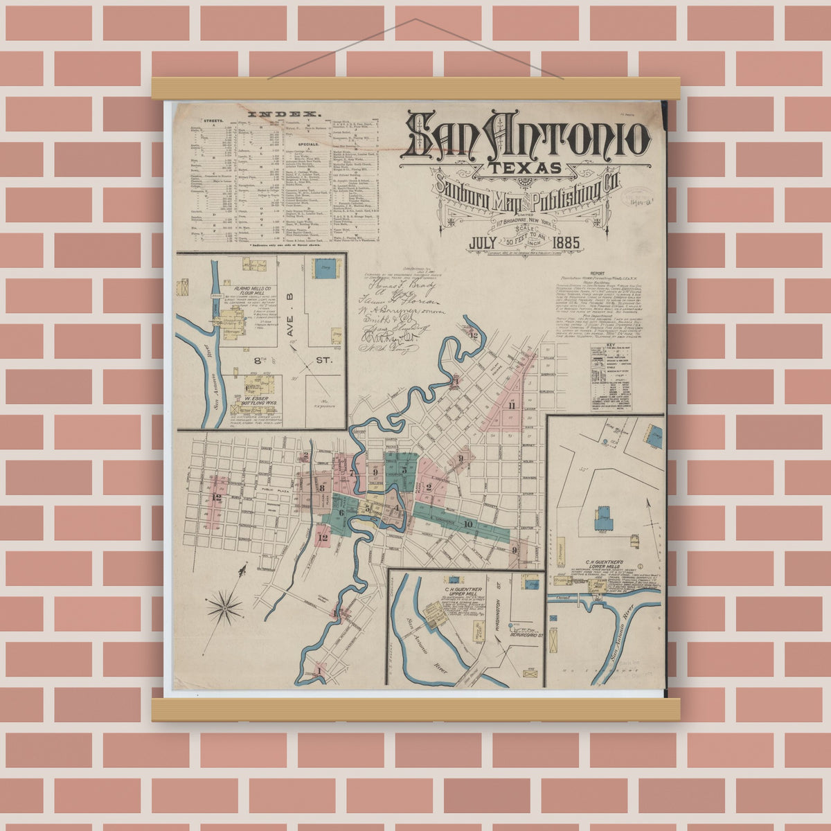 Old map wall art mockup — magnetic wood frame on brick wall — Sanborn Fire Insurance Map from San Antonio, Bexar County, Texas (1885) - Complete Map Set