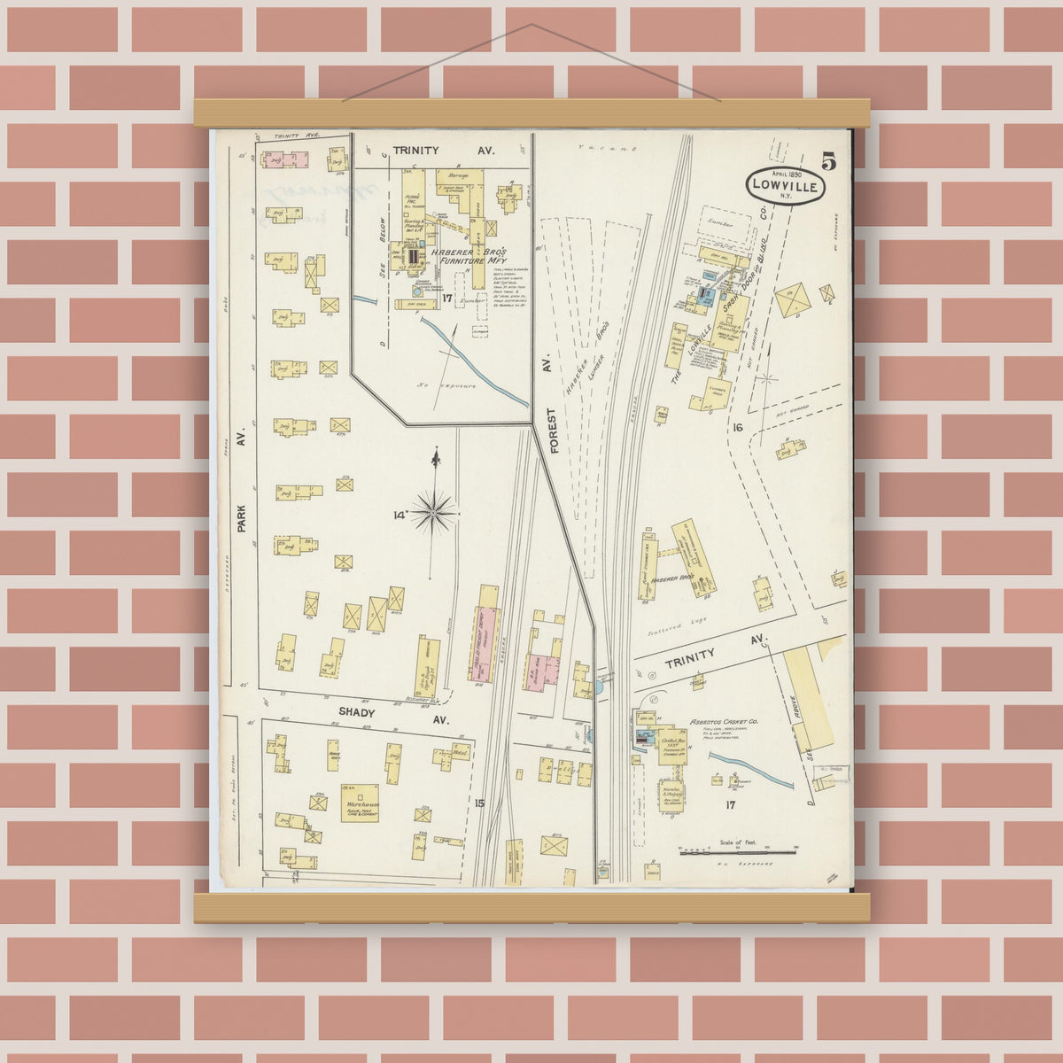 Old map wall art mockup — magnetic wood frame on brick wall — Sanborn Fire Insurance Map from Lowville, Lewis County, New York (1890), Sheet #0005