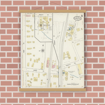 Old map wall art mockup — magnetic wood frame on brick wall — Sanborn Fire Insurance Map from Lowville, Lewis County, New York (1890), Sheet #0005