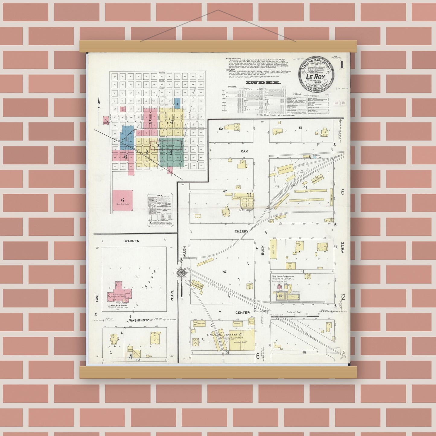 Old map wall art mockup — magnetic wood frame on brick wall — Sanborn Fire Insurance Map from Leroy, McLean County, Illinois (1911), Sheet #0001