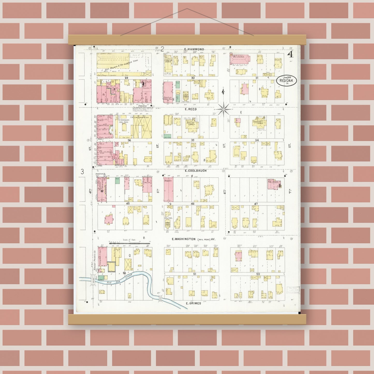 Old map wall art mockup — magnetic wood frame on brick wall — Sanborn Fire Insurance Map from Red Oak, Montgomery County, Iowa (1899), Sheet #0004