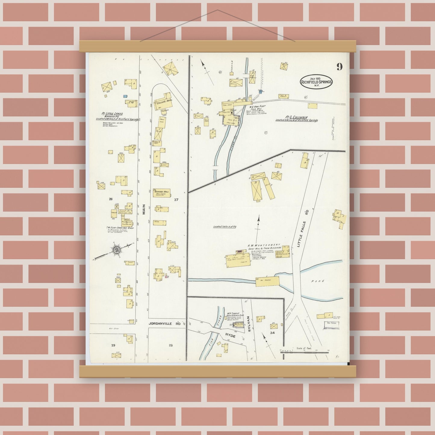 Old map wall art mockup — magnetic wood frame on brick wall — Sanborn Fire Insurance Map from Richfield Springs, Otsego County, New York (1910), Sheet #0009