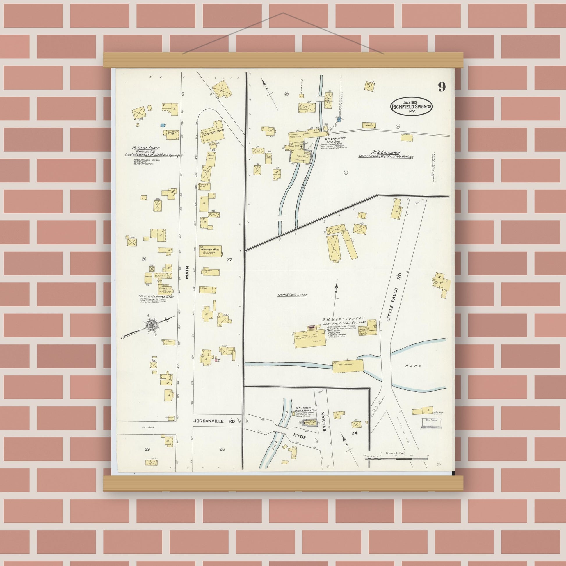 Old map wall art mockup — magnetic wood frame on brick wall — Sanborn Fire Insurance Map from Richfield Springs, Otsego County, New York (1910), Sheet #0009