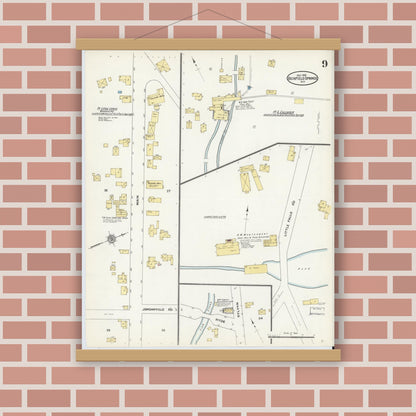 Old map wall art mockup — magnetic wood frame on brick wall — Sanborn Fire Insurance Map from Richfield Springs, Otsego County, New York (1910), Sheet #0009