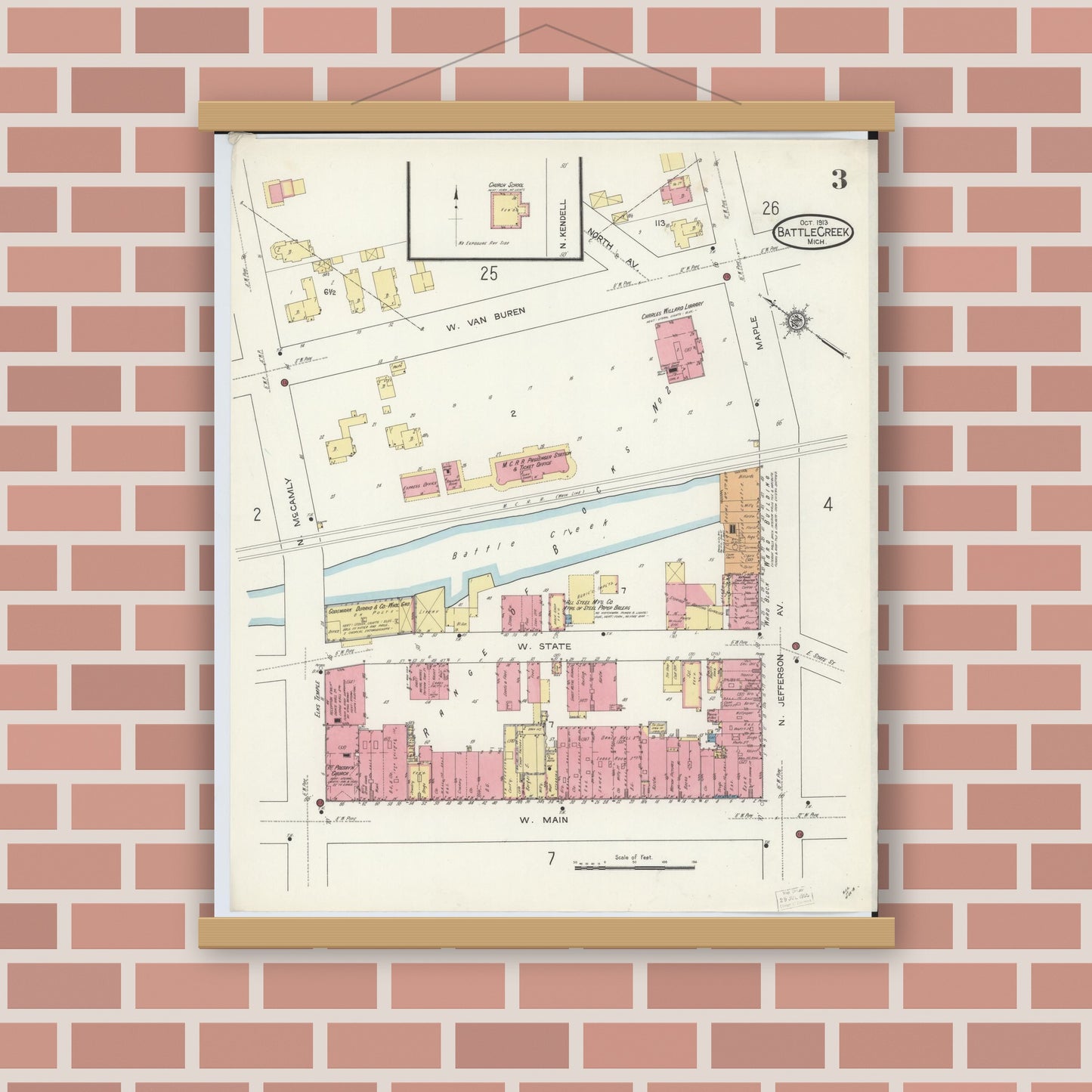 Old map wall art mockup — magnetic wood frame on brick wall — Sanborn Fire Insurance Map from Battle Creek, Calhoun County, Michigan (1913), Sheet #0003