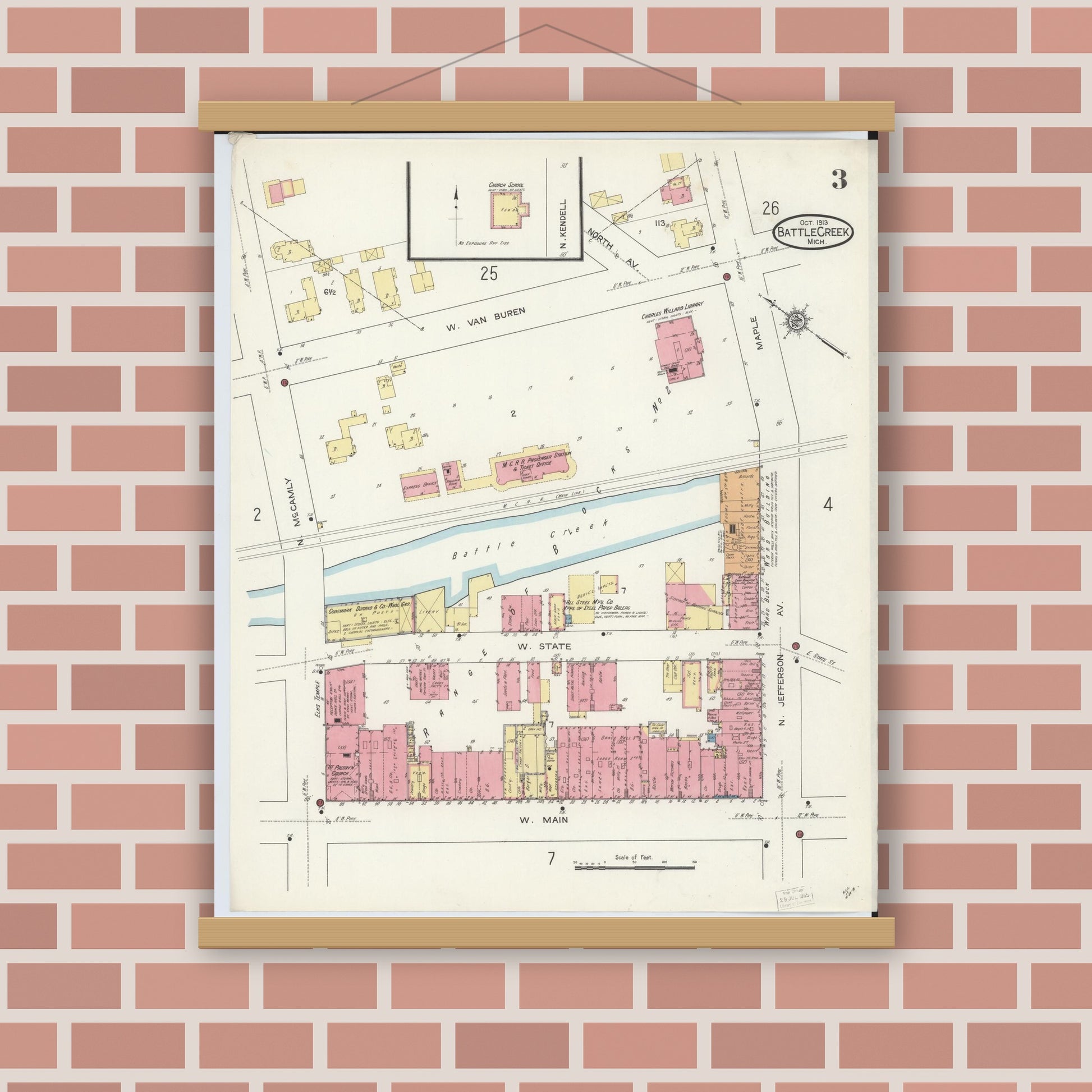 Old map wall art mockup — magnetic wood frame on brick wall — Sanborn Fire Insurance Map from Battle Creek, Calhoun County, Michigan (1913), Sheet #0003