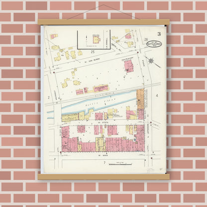 Old map wall art mockup — magnetic wood frame on brick wall — Sanborn Fire Insurance Map from Battle Creek, Calhoun County, Michigan (1913), Sheet #0003