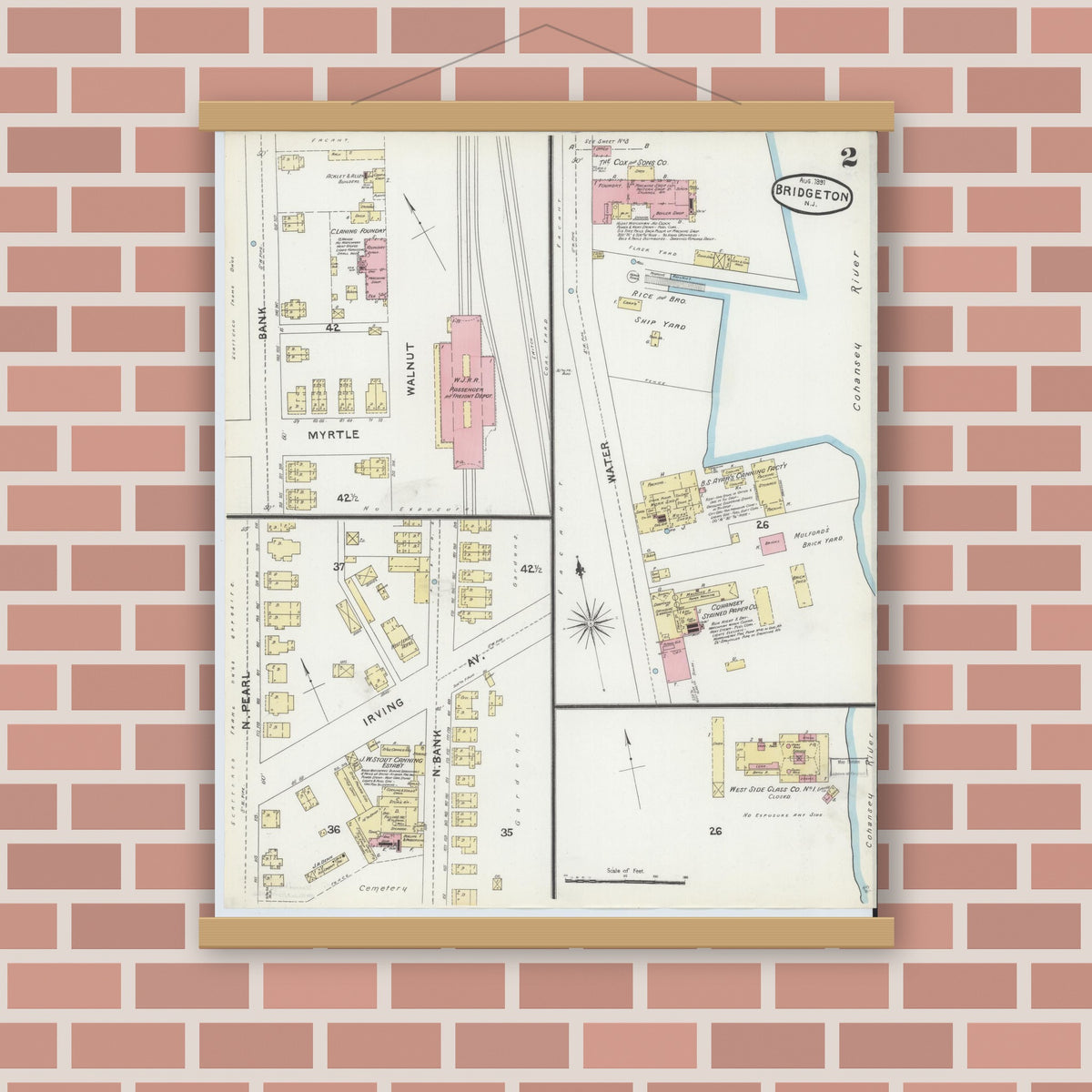 Old map wall art mockup — magnetic wood frame on brick wall — Sanborn Fire Insurance Map from Bridgeton, Cumberland County, New Jersey (1891) - Complete Map Set