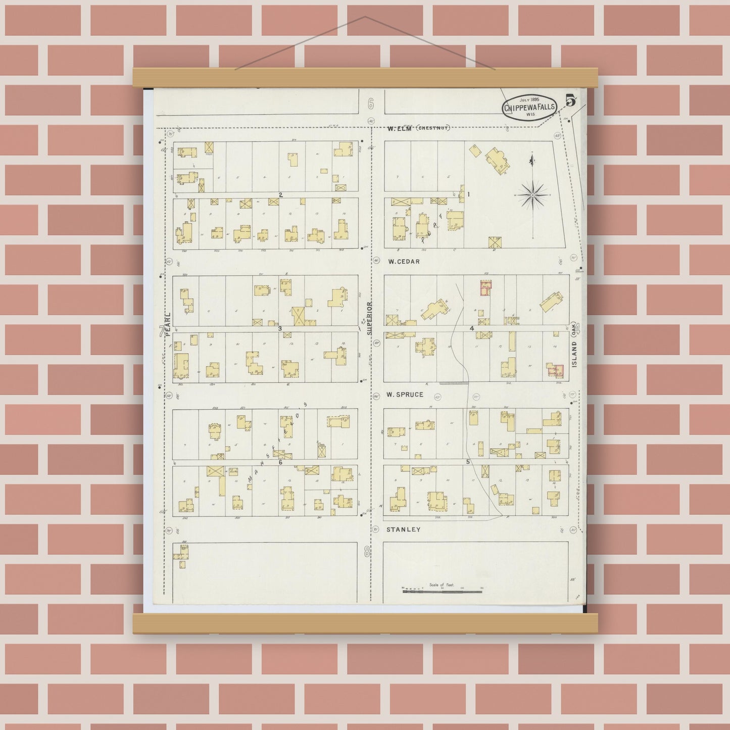 Old map wall art mockup — magnetic wood frame on brick wall — Sanborn Fire Insurance Map from Chippewa Falls, Chippewa County, Wisconsin (1895), Sheet #0005