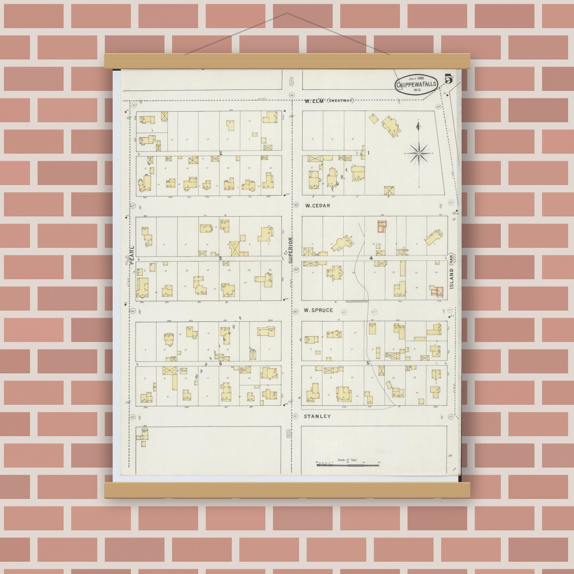 Old map wall art mockup — magnetic wood frame on brick wall — Sanborn Fire Insurance Map from Chippewa Falls, Chippewa County, Wisconsin (1895), Sheet #0005