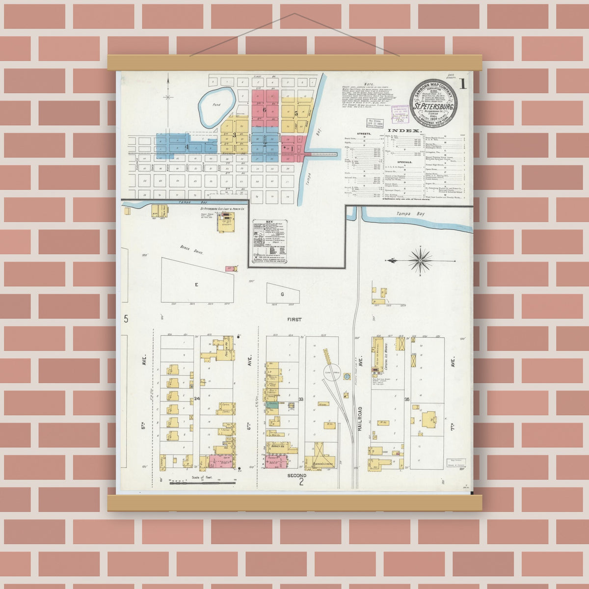 Old map wall art mockup — magnetic wood frame on brick wall — Sanborn Fire Insurance Map from Saint Petersburg, Pinellas County, Florida (1904), Sheet #0001