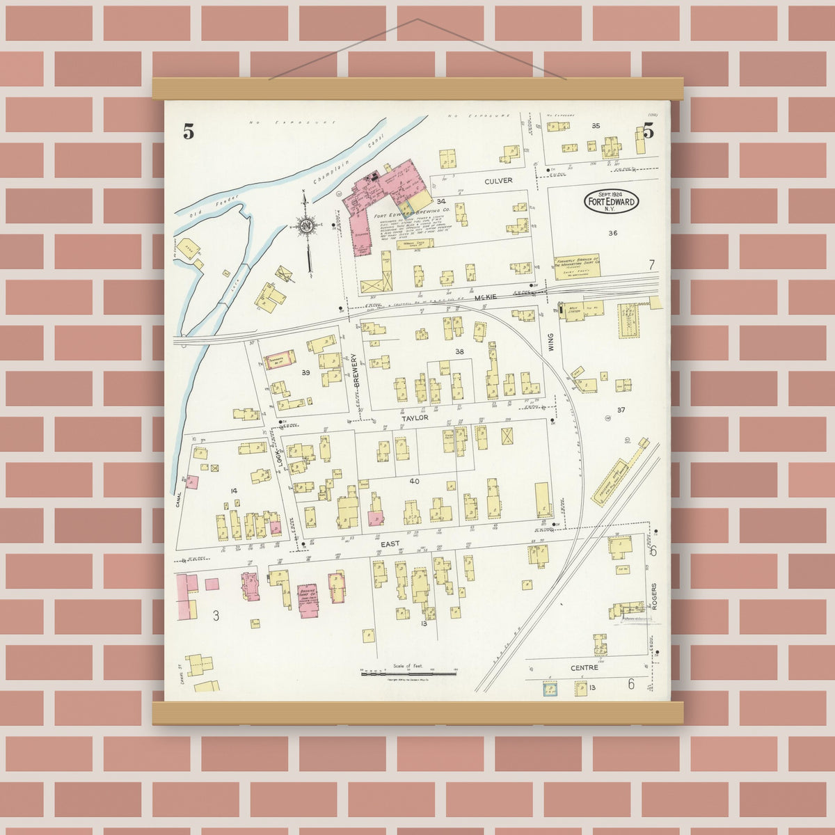 Old map wall art mockup — magnetic wood frame on brick wall — Sanborn Fire Insurance Map from Fort Edward, Washington County, New York (1924), Sheet #0005
