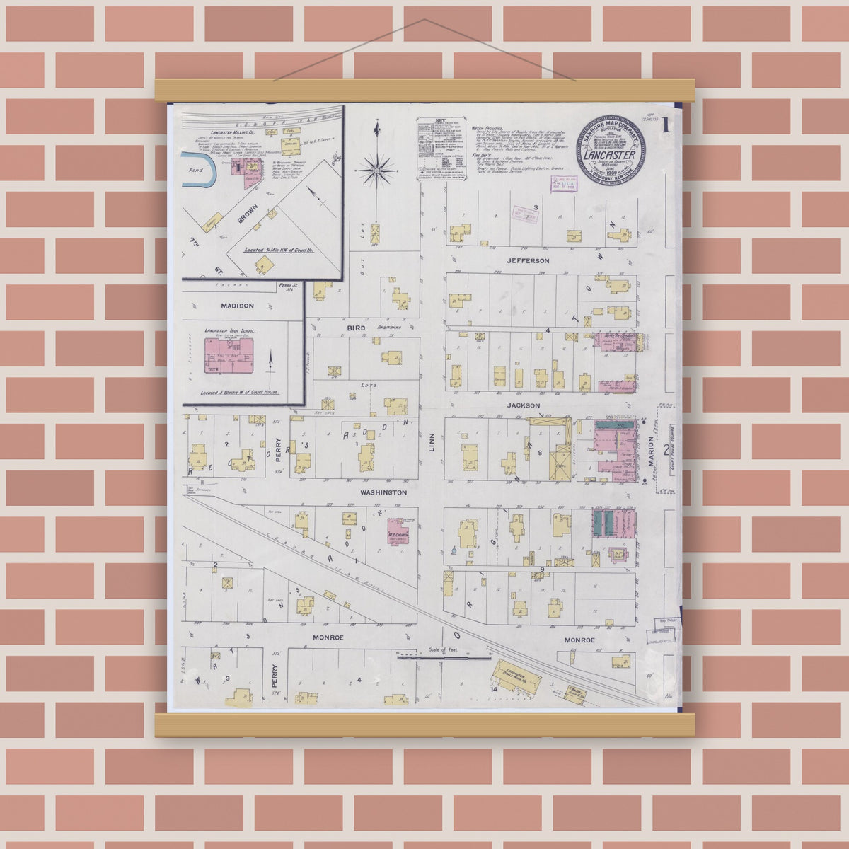 Old map wall art mockup — magnetic wood frame on brick wall — Sanborn Fire Insurance Map from Lancaster, Schuyler County, Missouri (1909) - Complete Map Set
