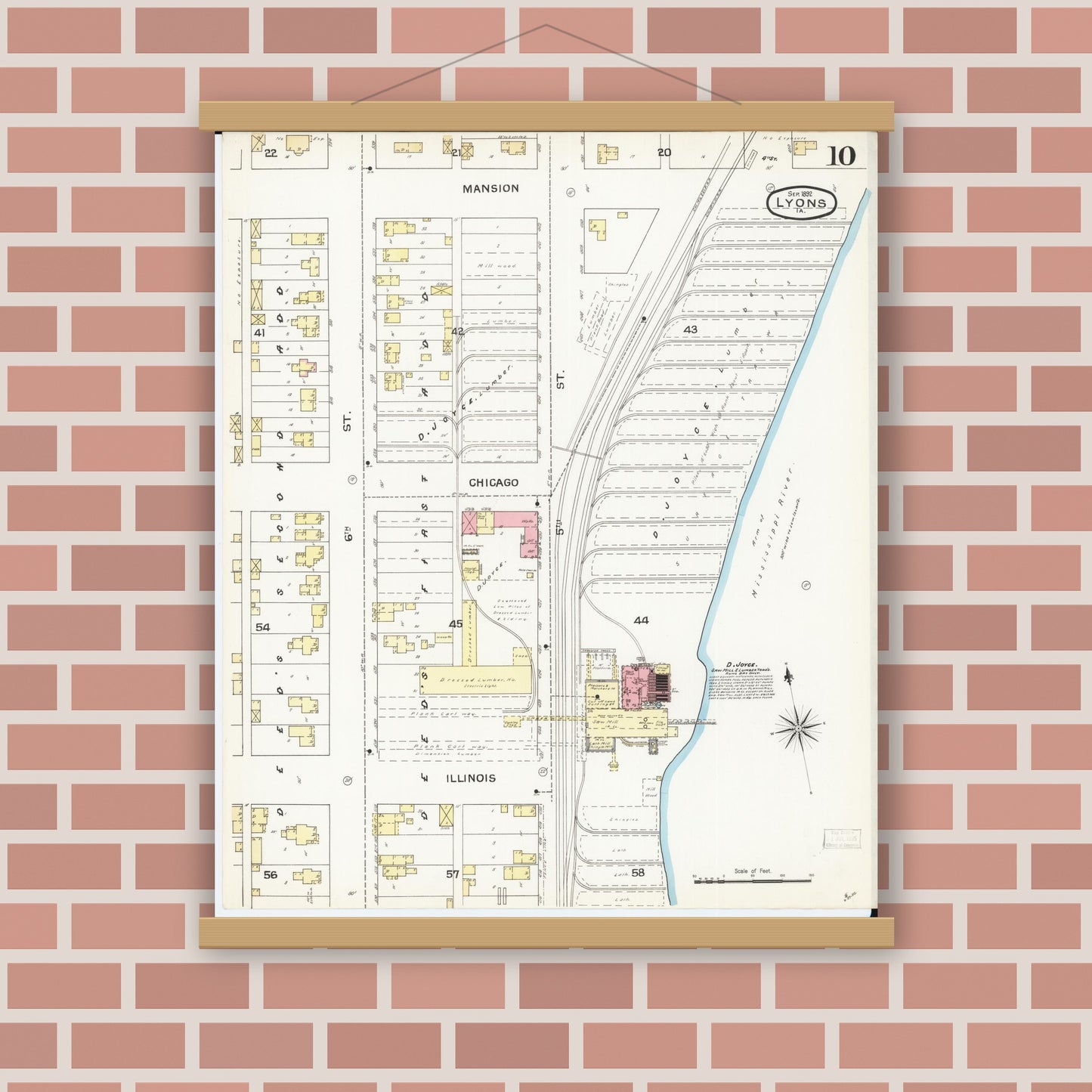 Old map wall art mockup — magnetic wood frame on brick wall — Sanborn Fire Insurance Map from Lyons, Clinton County, Iowa (1892), Sheet #0010