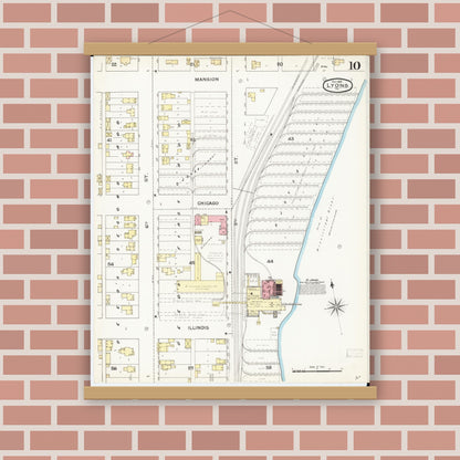Old map wall art mockup — magnetic wood frame on brick wall — Sanborn Fire Insurance Map from Lyons, Clinton County, Iowa (1892), Sheet #0010