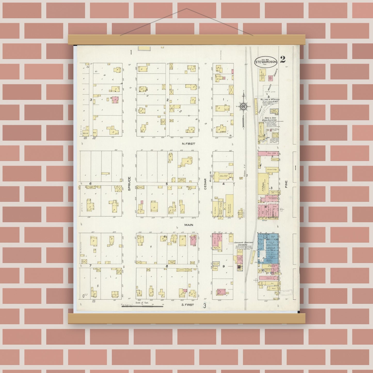Old map wall art mockup — magnetic wood frame on brick wall — Sanborn Fire Insurance Map from Stewardson, Shelby County, Illinois (1913), Sheet #0002