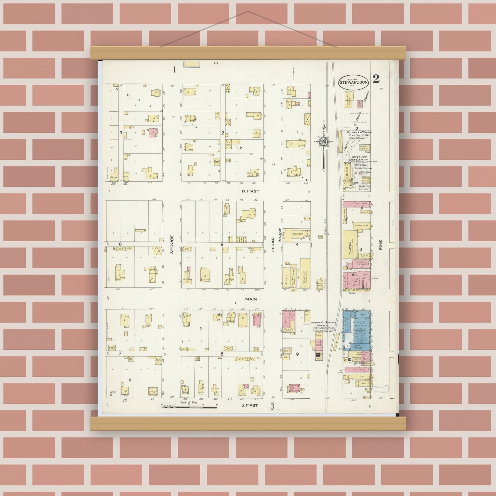 Old map wall art mockup — magnetic wood frame on brick wall — Sanborn Fire Insurance Map from Stewardson, Shelby County, Illinois (1913), Sheet #0002