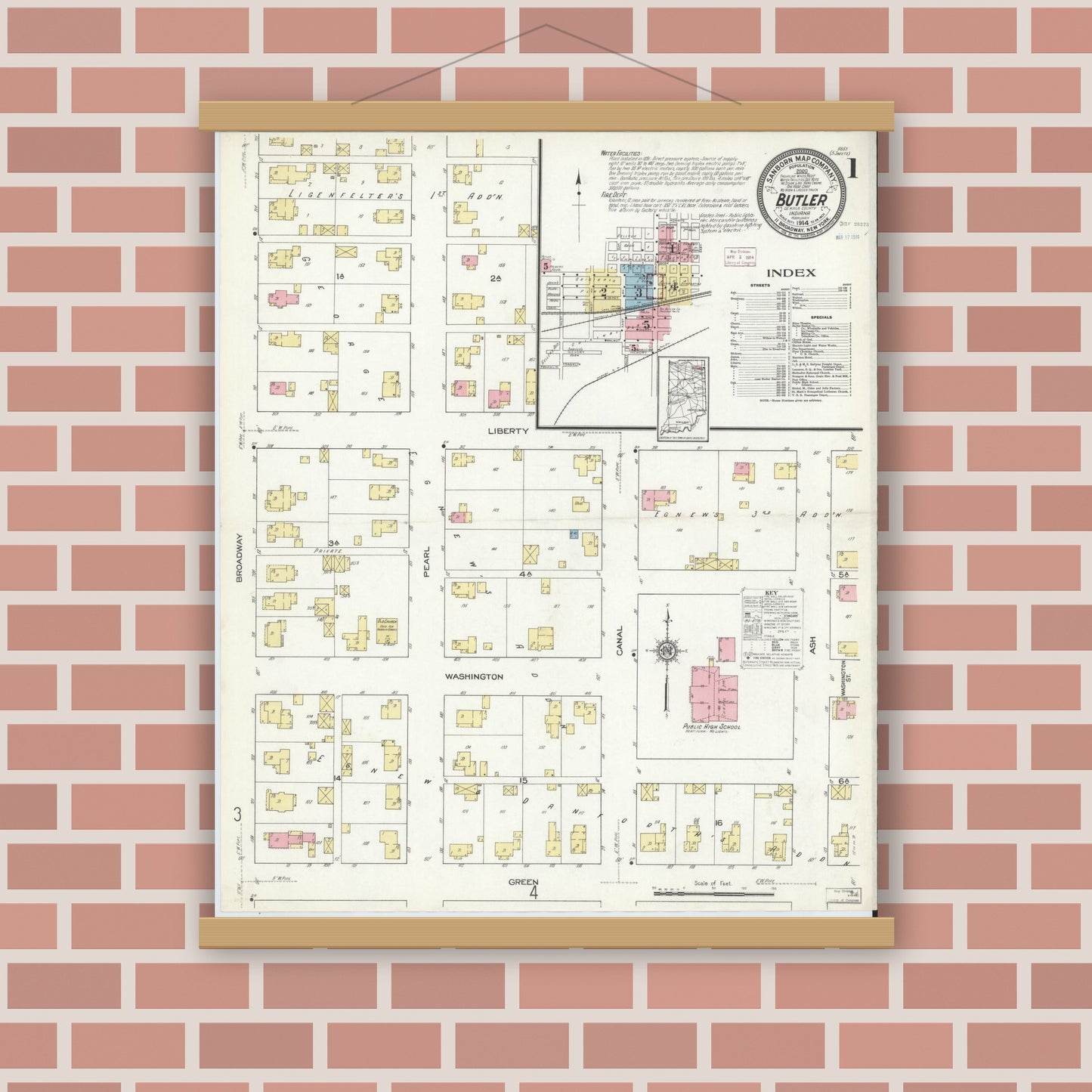Old map wall art mockup — magnetic wood frame on brick wall — Sanborn Fire Insurance Map from Butler, De Kalb County, Indiana (1914) - Complete Map Set