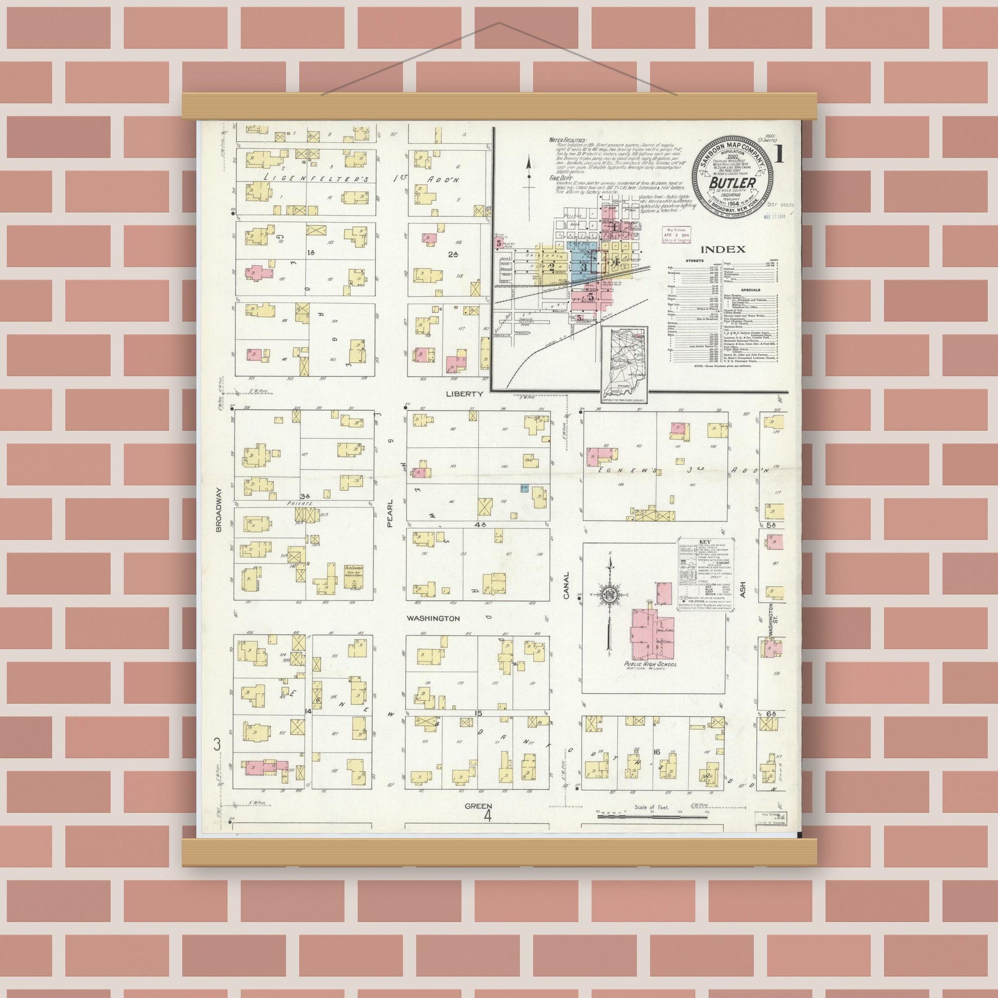 Old map wall art mockup — magnetic wood frame on brick wall — Sanborn Fire Insurance Map from Butler, De Kalb County, Indiana (1914) - Complete Map Set