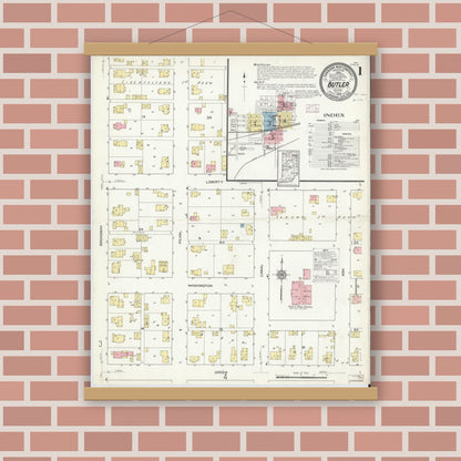 Old map wall art mockup — magnetic wood frame on brick wall — Sanborn Fire Insurance Map from Butler, De Kalb County, Indiana (1914) - Complete Map Set