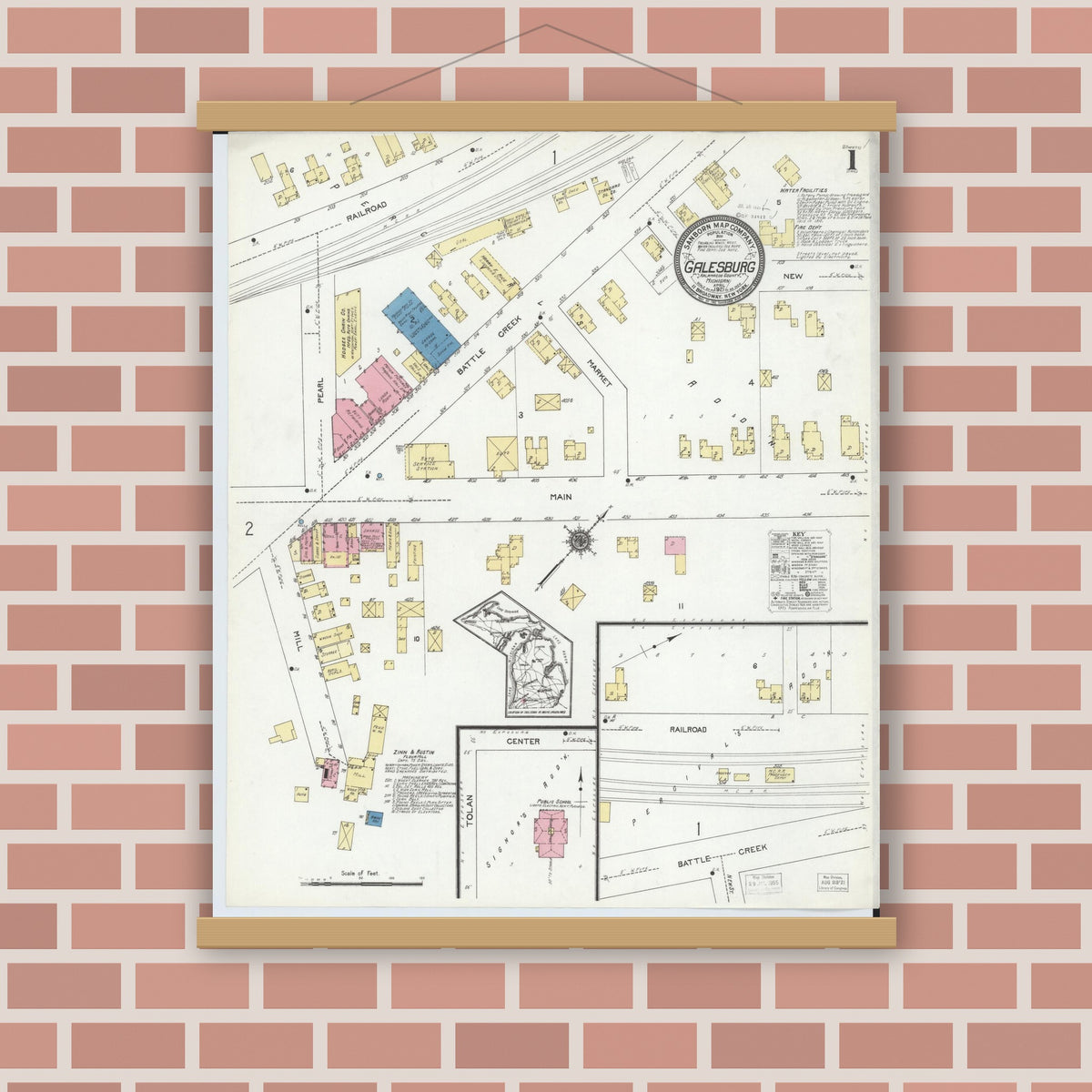 Old map wall art mockup — magnetic wood frame on brick wall — Sanborn Fire Insurance Map from Galesburg, Kalamazoo County, Michigan (1921), Sheet #0001
