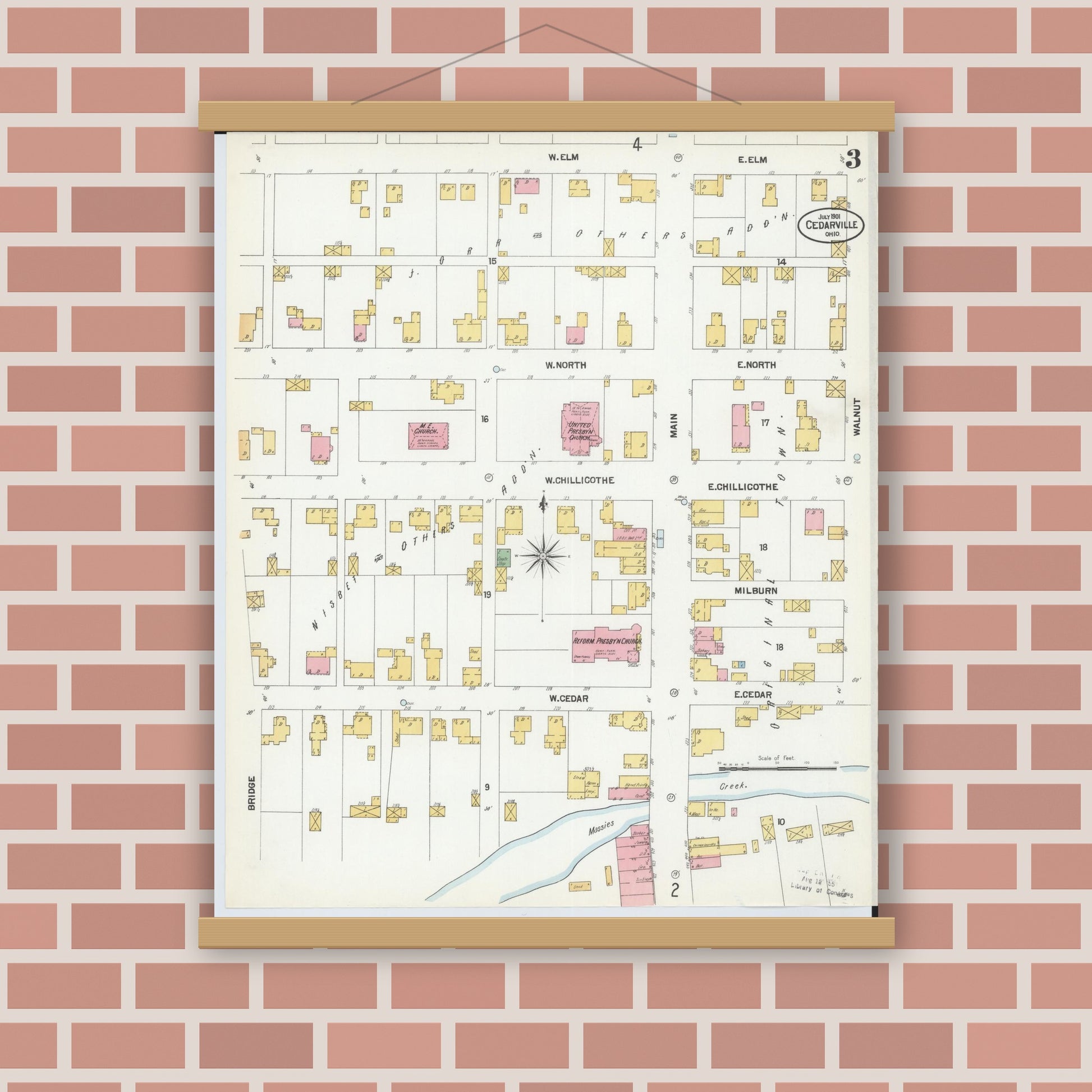 Old map wall art mockup — magnetic wood frame on brick wall — Sanborn Fire Insurance Map from Cedarville, Greene County, Ohio (1901), Sheet #0003
