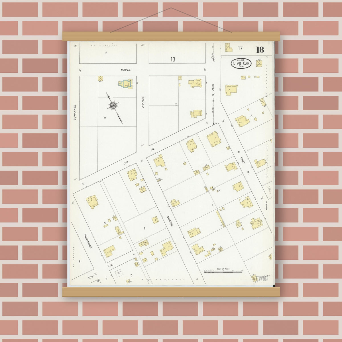 Old map wall art mockup — magnetic wood frame on brick wall — Sanborn Fire Insurance Map from Live Oak, Suwanee County, Florida (1912), Sheet #0018