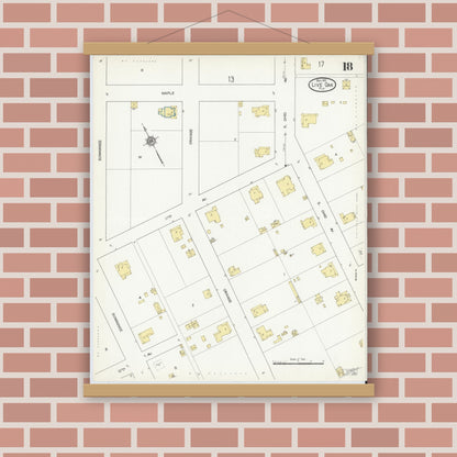 Old map wall art mockup — magnetic wood frame on brick wall — Sanborn Fire Insurance Map from Live Oak, Suwanee County, Florida (1912), Sheet #0018