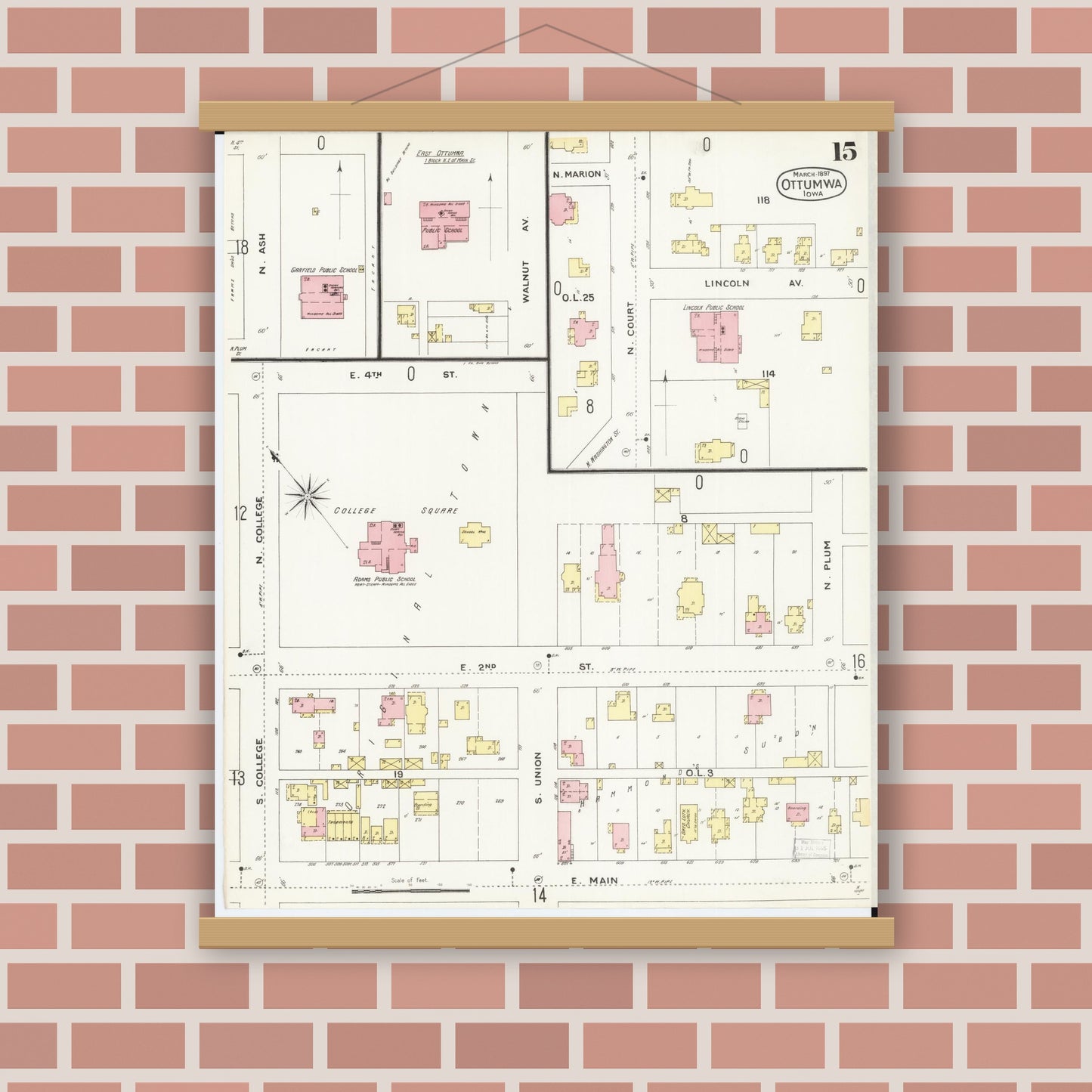 Old map wall art mockup — magnetic wood frame on brick wall — Sanborn Fire Insurance Map from Ottumwa, Wapello County, Iowa (1897), Sheet #0015