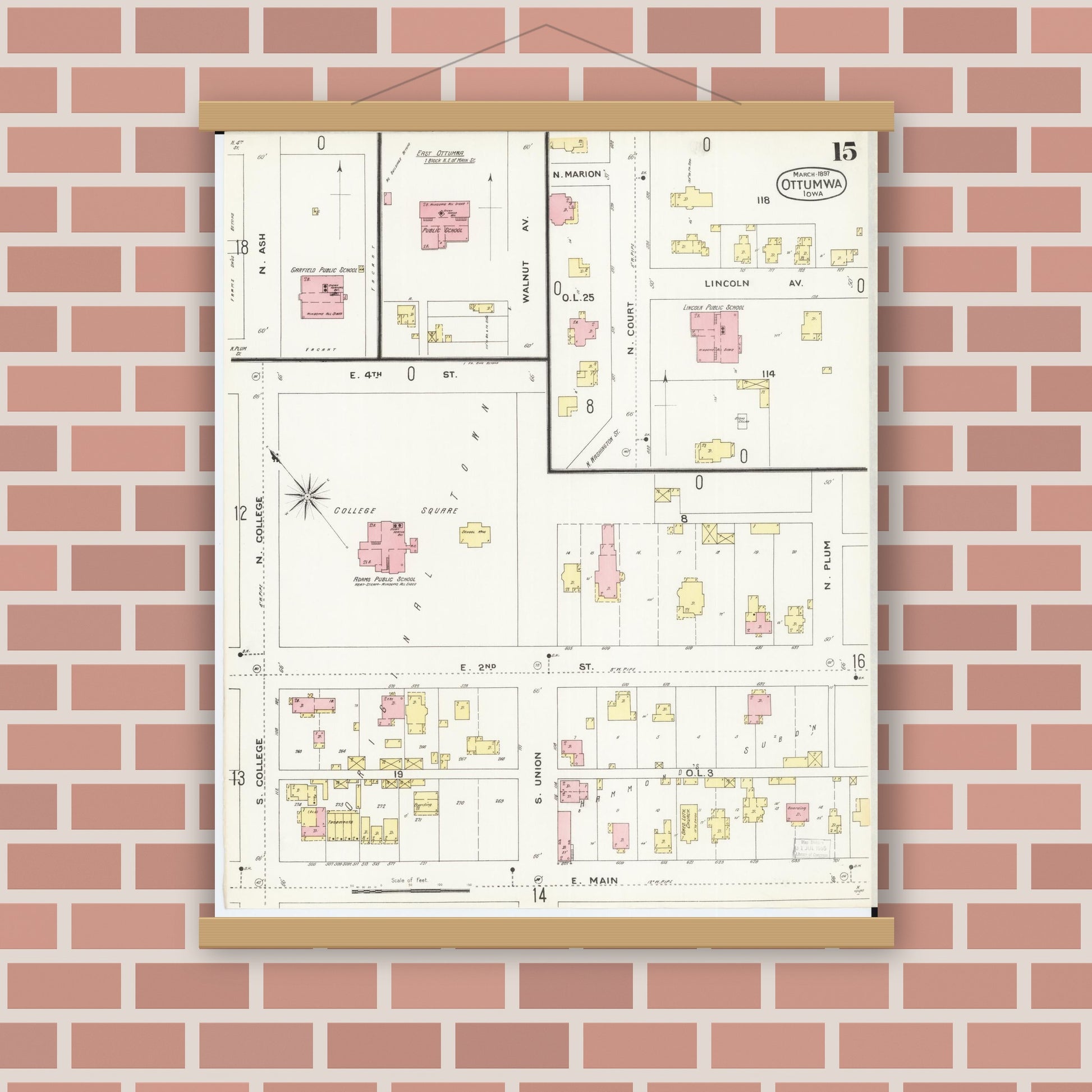 Old map wall art mockup — magnetic wood frame on brick wall — Sanborn Fire Insurance Map from Ottumwa, Wapello County, Iowa (1897), Sheet #0015