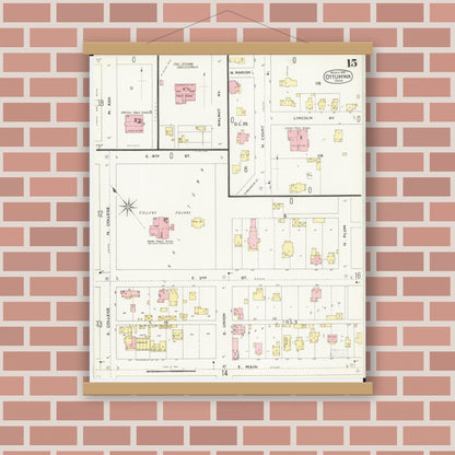 Old map wall art mockup — magnetic wood frame on brick wall — Sanborn Fire Insurance Map from Ottumwa, Wapello County, Iowa (1897), Sheet #0015