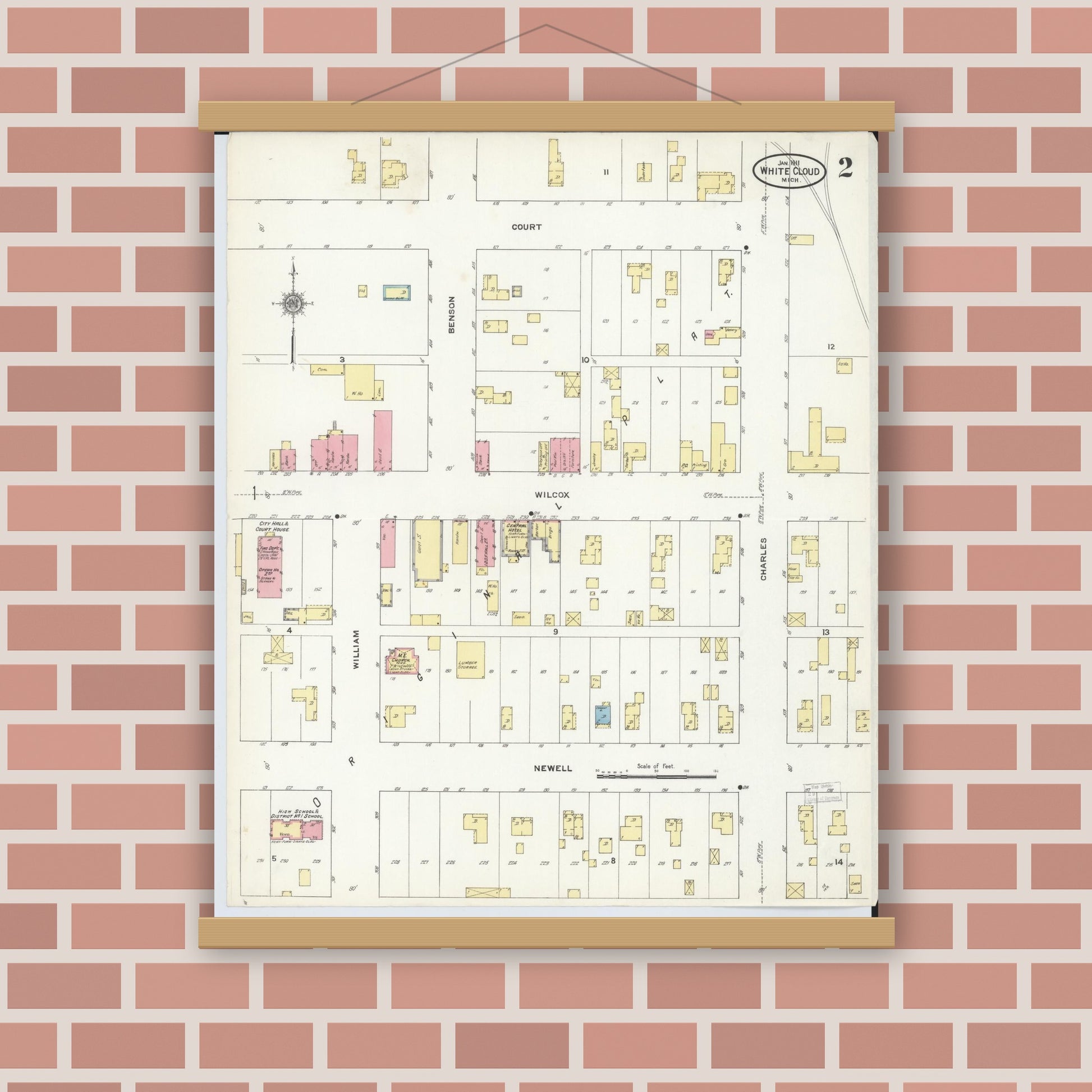 Old map wall art mockup — magnetic wood frame on brick wall — Sanborn Fire Insurance Map from White Cloud, Newaygo County, Michigan (1911), Sheet #0002