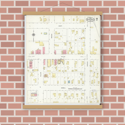 Old map wall art mockup — magnetic wood frame on brick wall — Sanborn Fire Insurance Map from White Cloud, Newaygo County, Michigan (1911), Sheet #0002