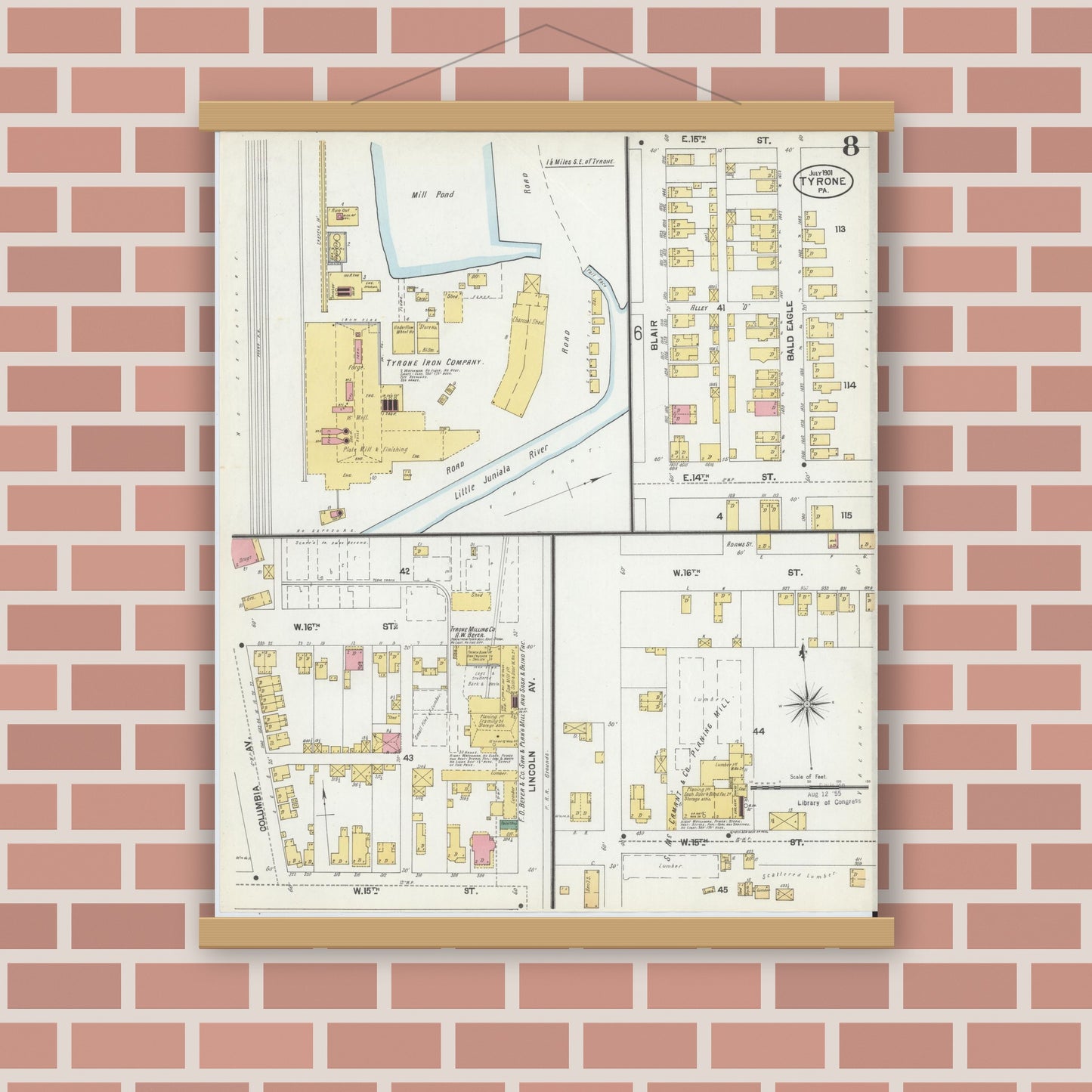 Old map wall art mockup — magnetic wood frame on brick wall — Sanborn Fire Insurance Map from Tyrone, Blair County, Pennsylvania (1901), Sheet #0008