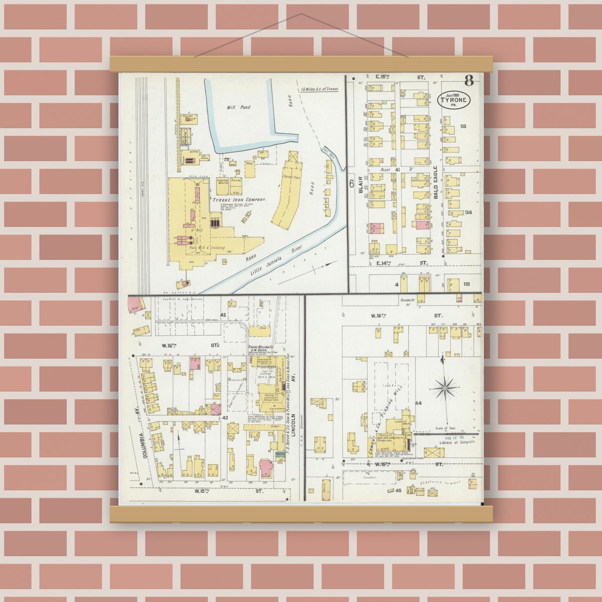 Old map wall art mockup — magnetic wood frame on brick wall — Sanborn Fire Insurance Map from Tyrone, Blair County, Pennsylvania (1901), Sheet #0008