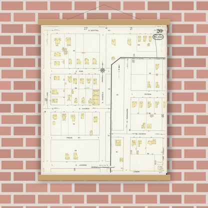 Old map wall art mockup — magnetic wood frame on brick wall — Sanborn Fire Insurance Map from Orlando, Orange County, Florida (1913), Sheet #0020