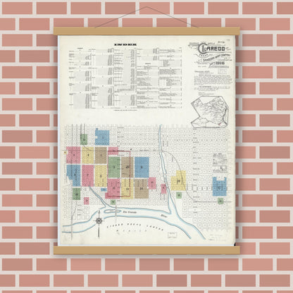Old map wall art mockup — magnetic wood frame on brick wall — Sanborn Fire Insurance Map from Laredo, Webb County, Texas (1916), Sheet #0001