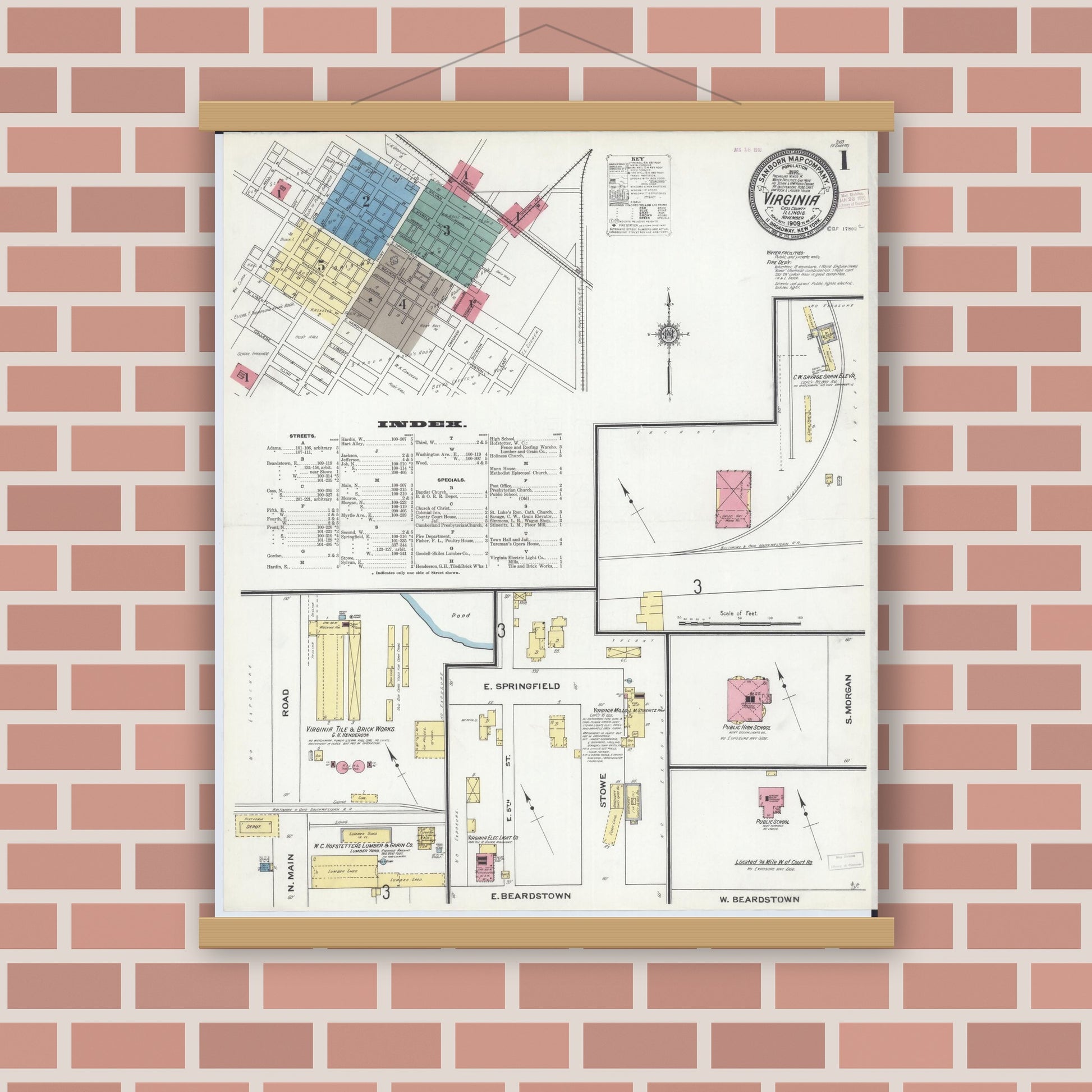Old map wall art mockup — magnetic wood frame on brick wall — Sanborn Fire Insurance Map from Virginia, Cass County, Illinois (1909) - Complete Map Set