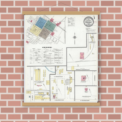 Old map wall art mockup — magnetic wood frame on brick wall — Sanborn Fire Insurance Map from Virginia, Cass County, Illinois (1909) - Complete Map Set