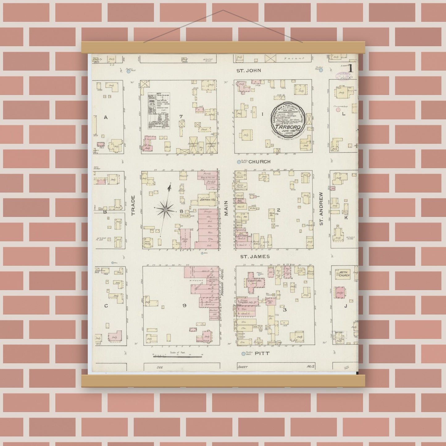 Old map wall art mockup — magnetic wood frame on brick wall — Sanborn Fire Insurance Map from Tarboro, Edgecombe County, North Carolina (1886) - Complete Map Set