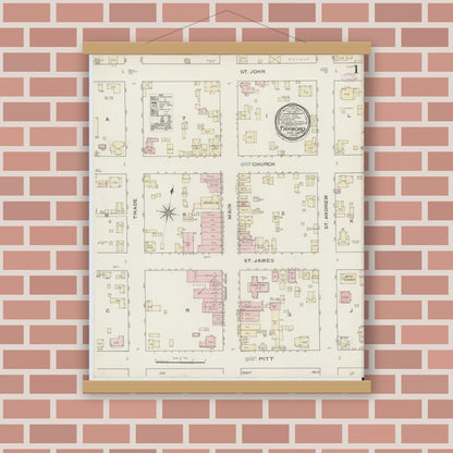 Old map wall art mockup — magnetic wood frame on brick wall — Sanborn Fire Insurance Map from Tarboro, Edgecombe County, North Carolina (1886) - Complete Map Set